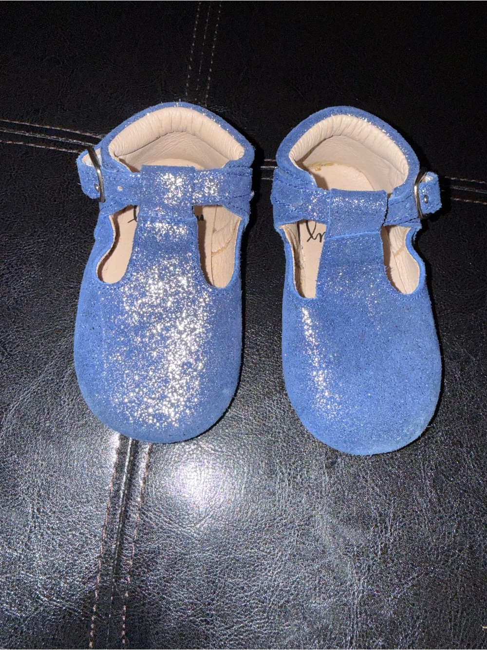 Monkey Feet Blue Glitter T‑Strap Kids Dress Shoes